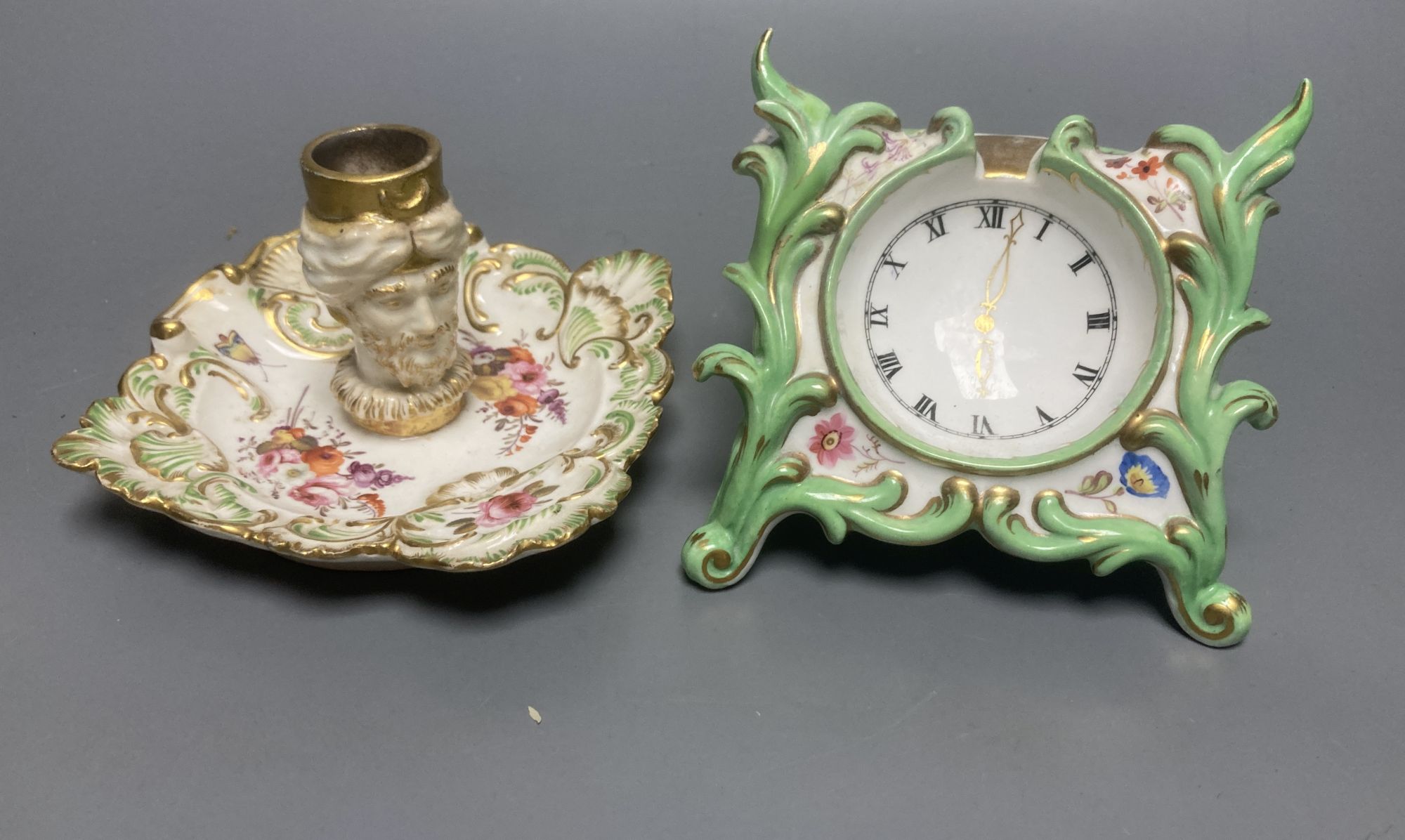 An English porcelain watch stand, probably Ridgway c.1830 and a Coalport style 'Turk's head' chamberstick (lacking handle)